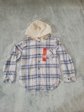 Roxy Girl Youth Size Medium 10/12 Hooded Flannel Shirt Blue Pink Comfort Cozy